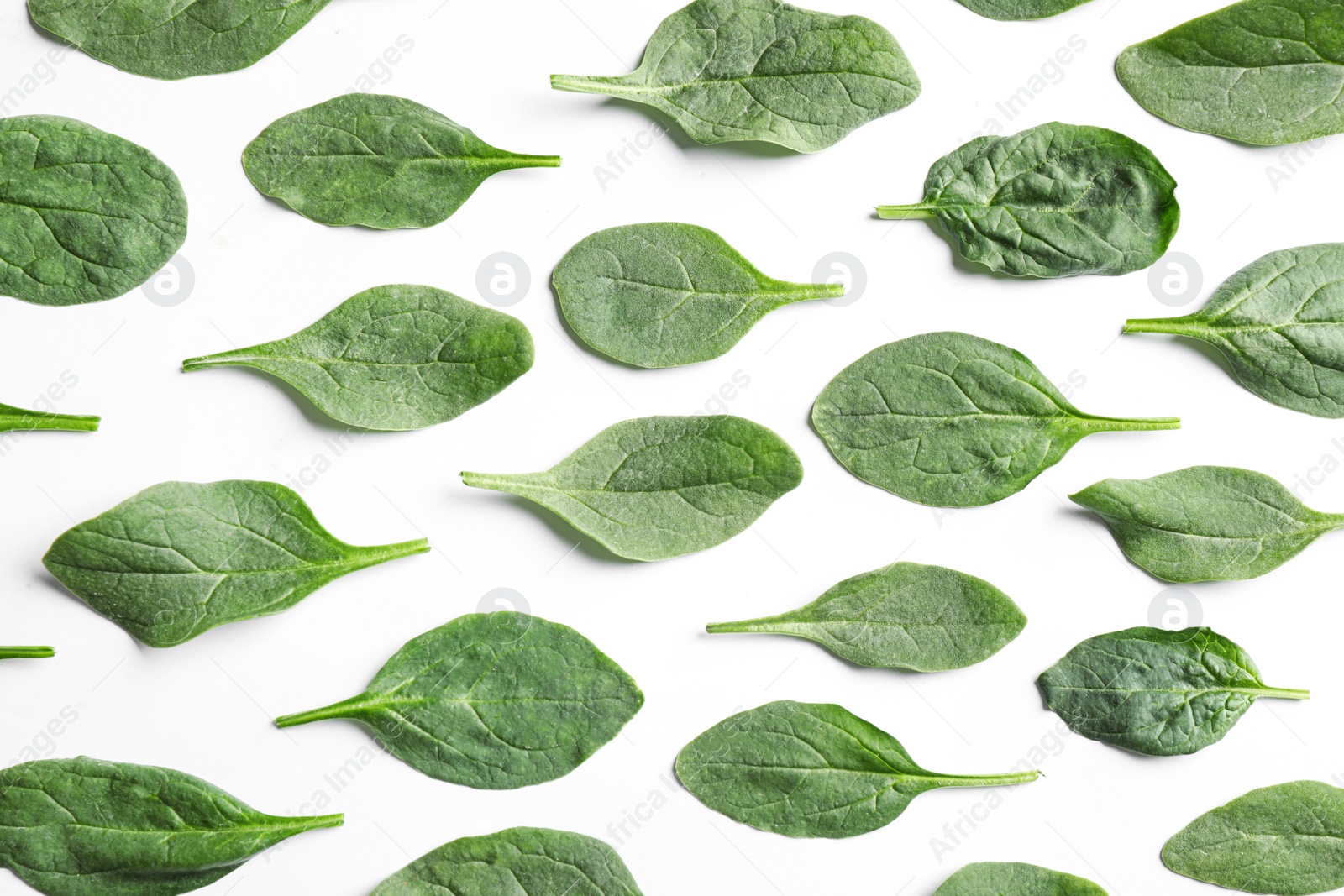 Photo of Fresh green healthy spinach leaves on white background, top view