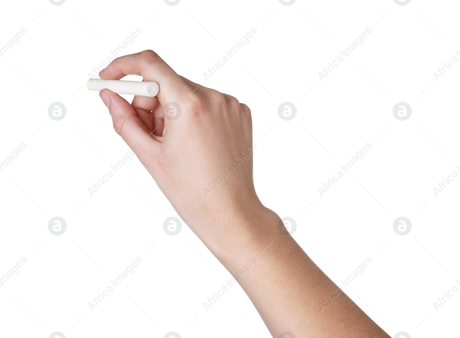 Photo of Woman holding piece of chalk isolated on white, closeup