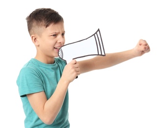 Cute little boy with paper megaphone on white background