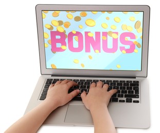 Image of Bonus gaining. Child using laptop on white background, closeup. Illustration of falling coins and word on device screen