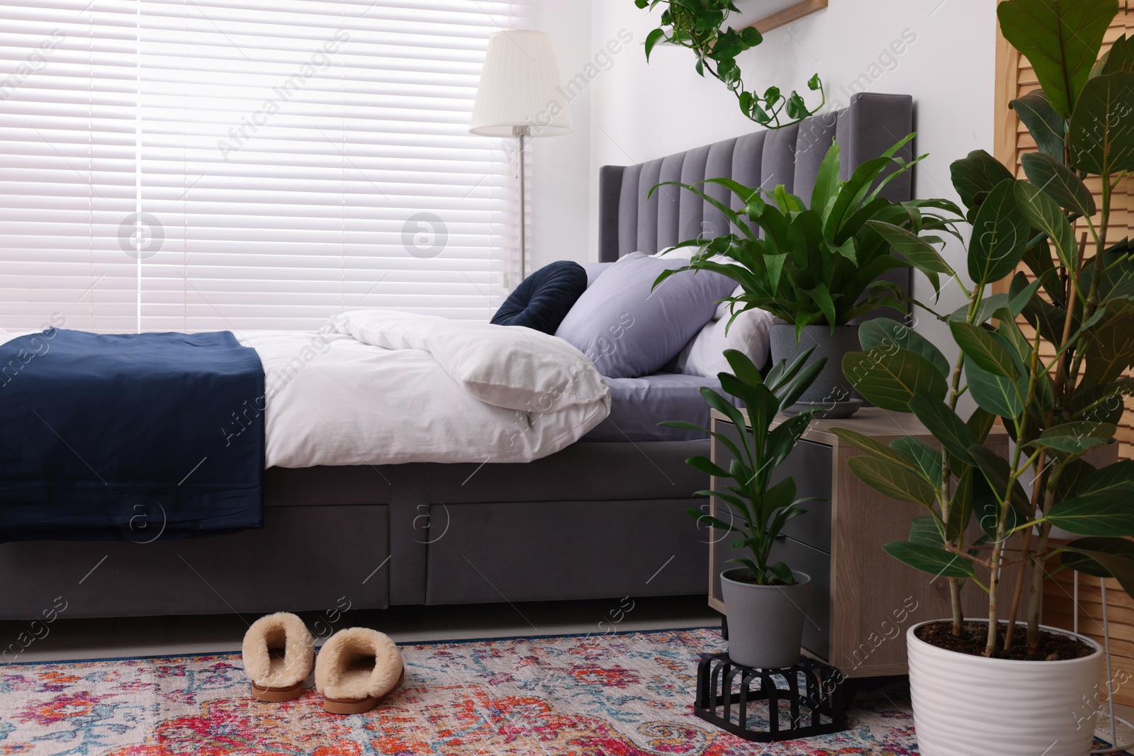 Photo of Beautiful green houseplants and bed in room. Bedroom interior