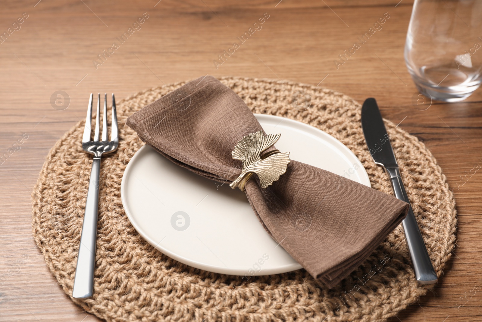 Photo of Stylish elegant table setting on wooden background, closeup