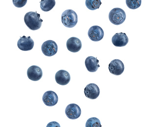 Image of Fresh ripe blueberries falling on white background