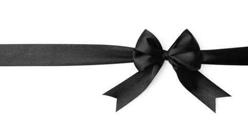 Black satin ribbon with bow isolated on white, top view