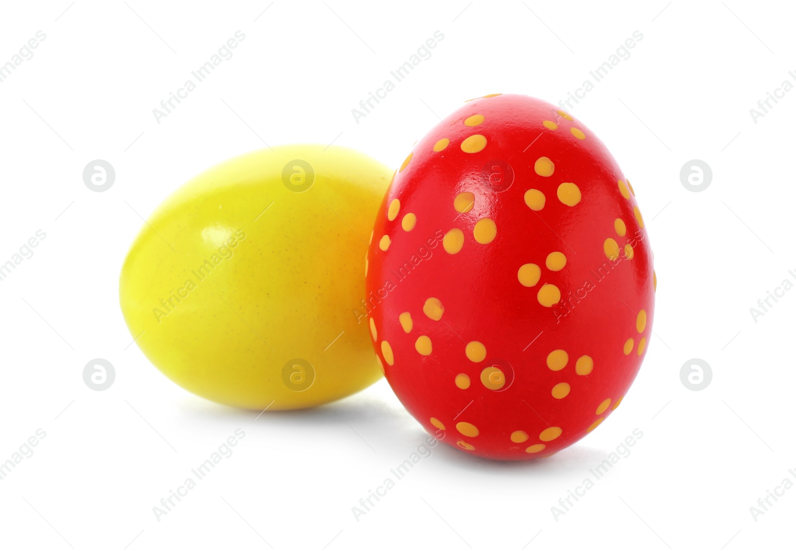 Photo of Decorated Easter eggs on white background. Festive tradition