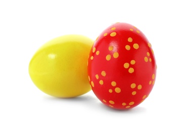 Photo of Decorated Easter eggs on white background. Festive tradition