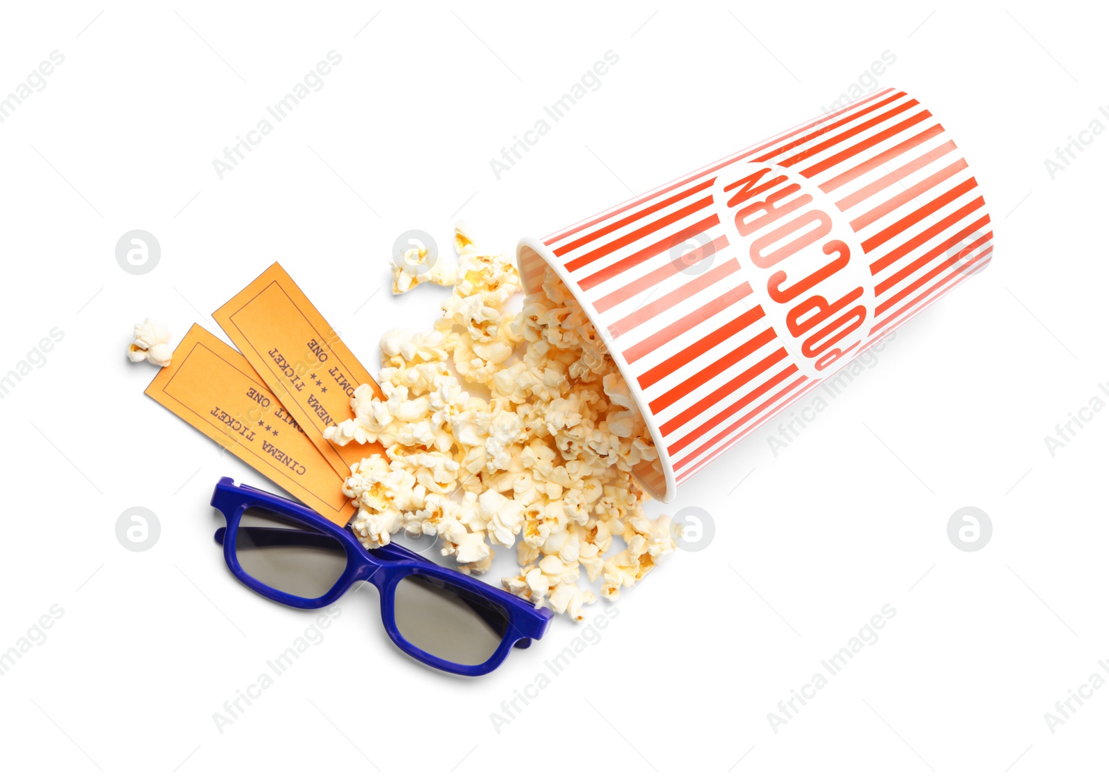 Photo of Bucket of fresh popcorn, tickets and 3D glasses on white background, top view. Cinema snack