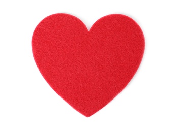 Photo of Red felt heart on white background, top view