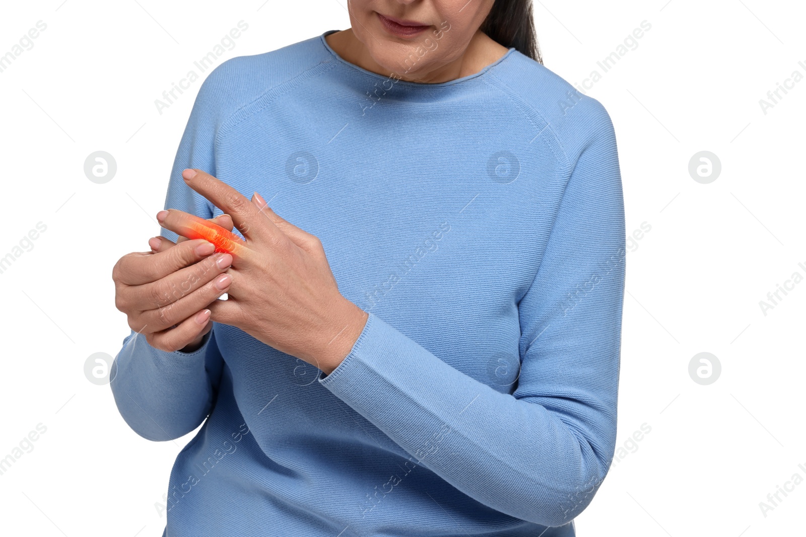 Image of Arthritis symptoms. Woman suffering from pain in her finger on white background, closeup