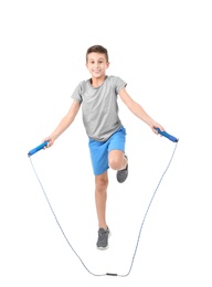 Photo of Full length portrait of boy jumping rope on white background