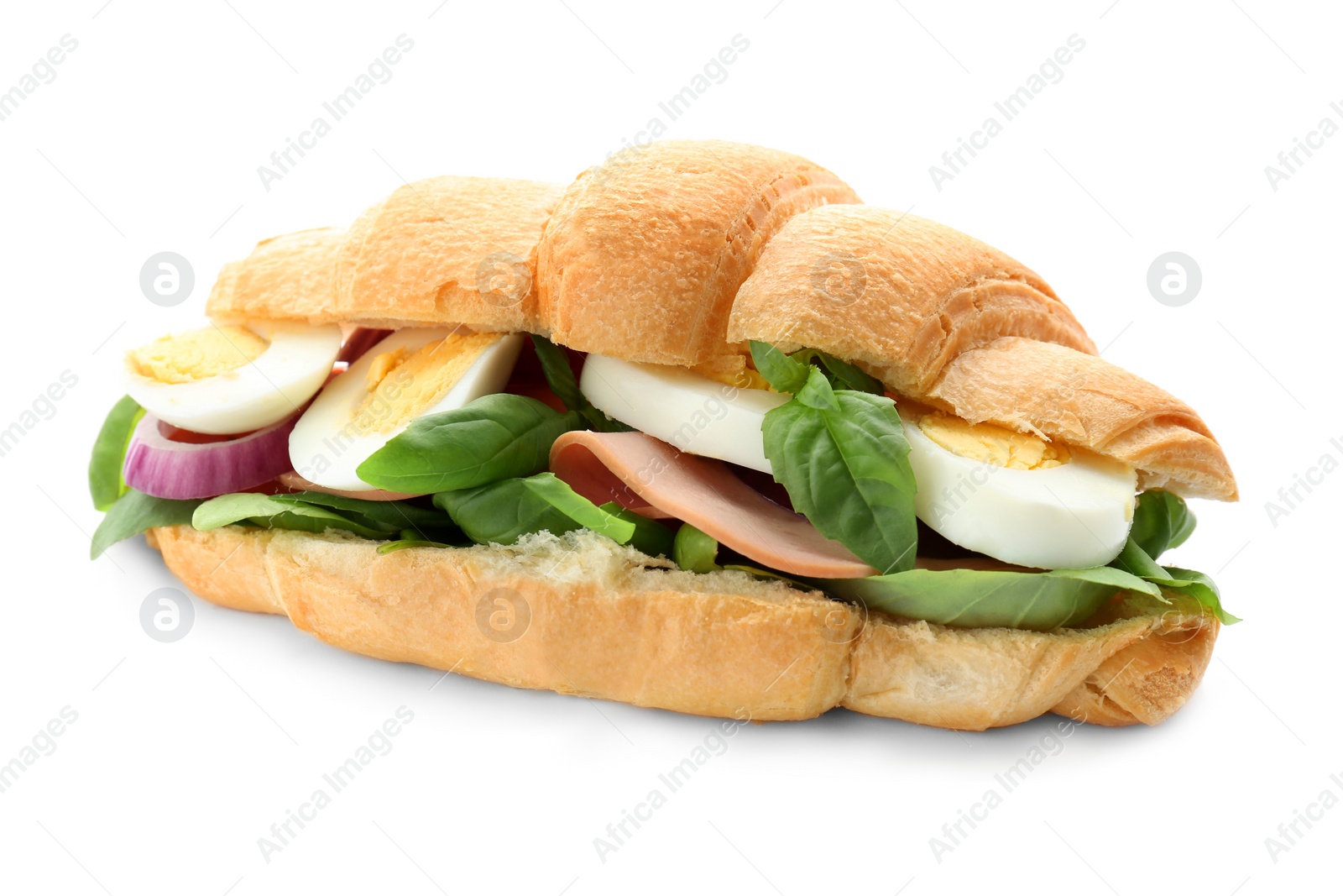 Photo of Tasty croissant sandwich with sausage and eggs on white background