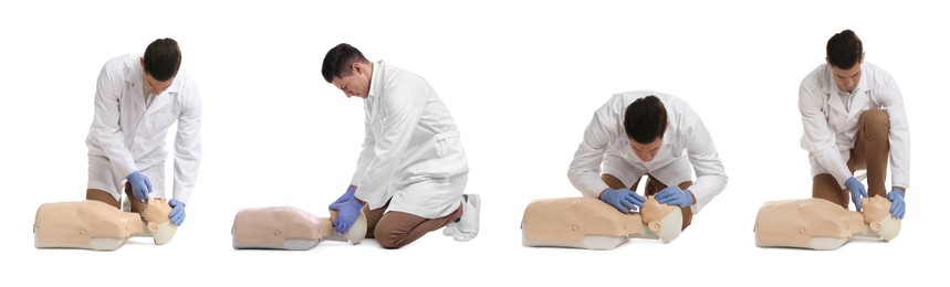 Image of Doctor practicing first aid on mannequin against white background, collage. Banner design