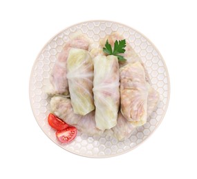 Plate with uncooked stuffed cabbage rolls, tomato and parsley isolated on white, top view