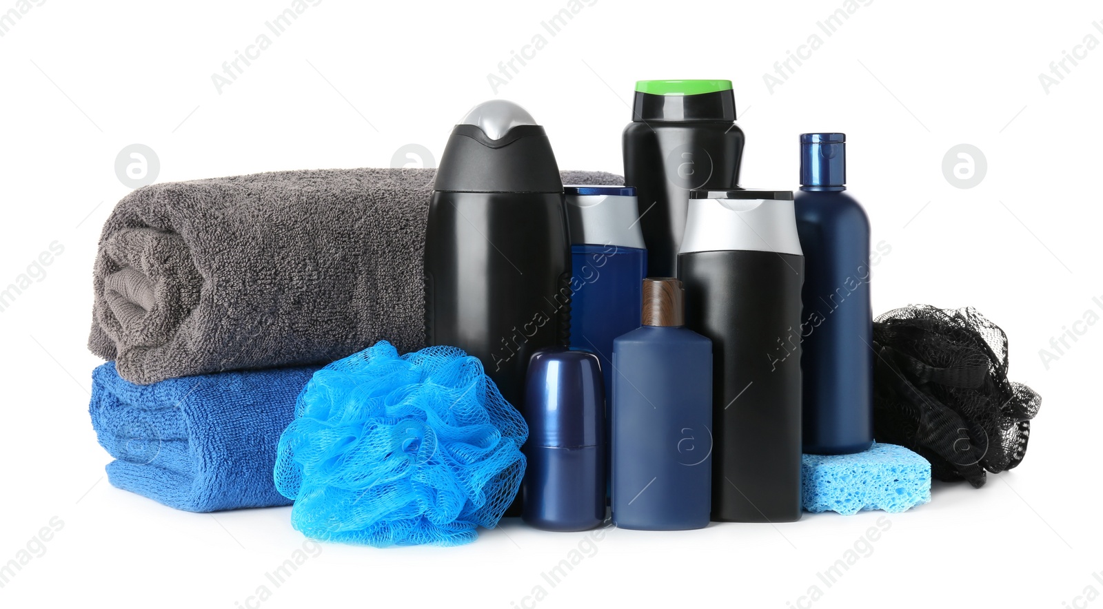 Photo of Set with men's personal hygiene products on white background