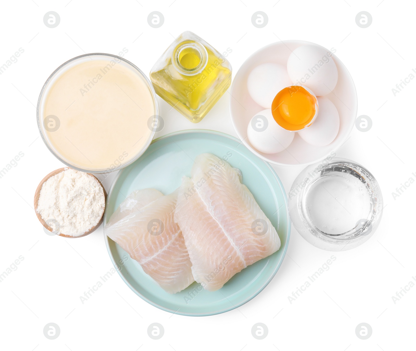Photo of Cooking fish in soda water batter. Different ingredients isolated on white, top view