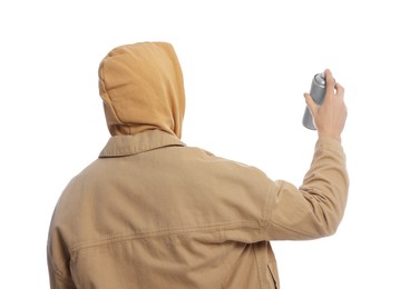 Photo of Man holding can of spray paint on white background, back view