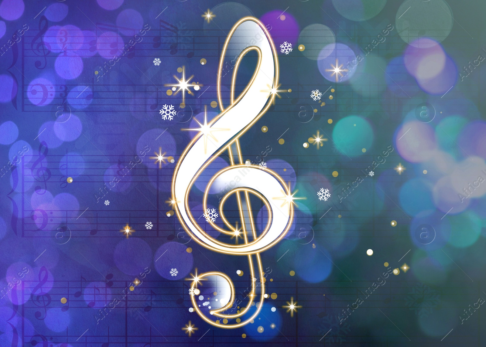 Image of Treble clef, snowflakes against sheet with music notes. Bokeh effect