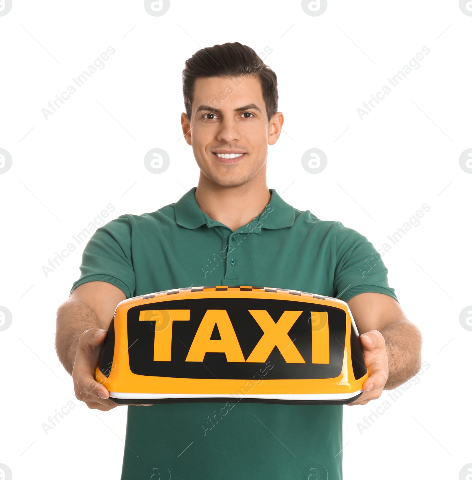 Photo of Man holding taxi sign on white background