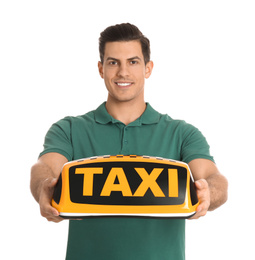 Man holding taxi sign on white background