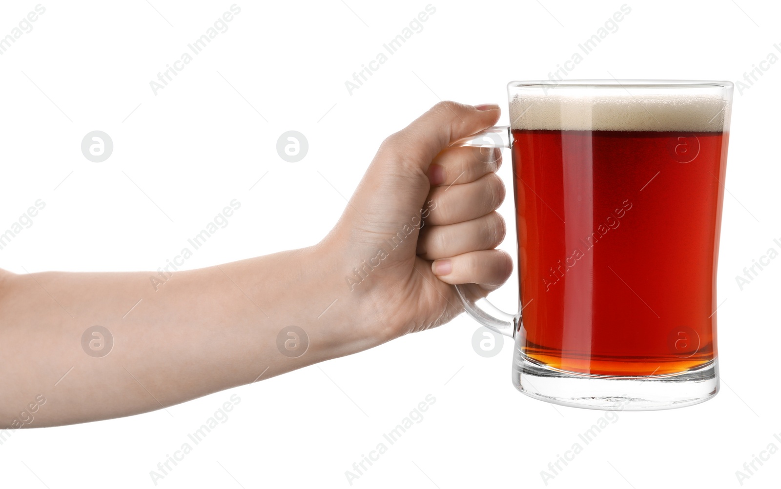 Photo of Woman with delicious kvass on white background, closeup