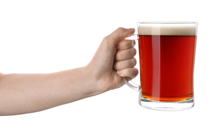 Photo of Woman with delicious kvass on white background, closeup