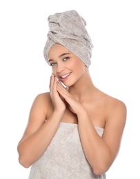 Photo of Portrait of young pretty woman with towels on white background