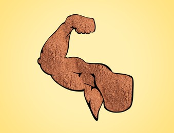 Muscular man showing biceps on yellow background, closeup. Silhouette of hand made with amino acids powder