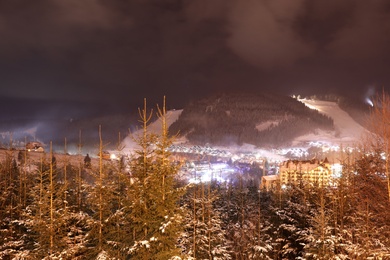 Night landscape with mountain village near forest in winter