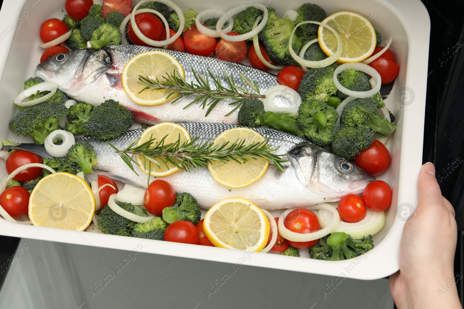 Photo of Woman putting baking dish with raw fish and vegetables into oven, top view