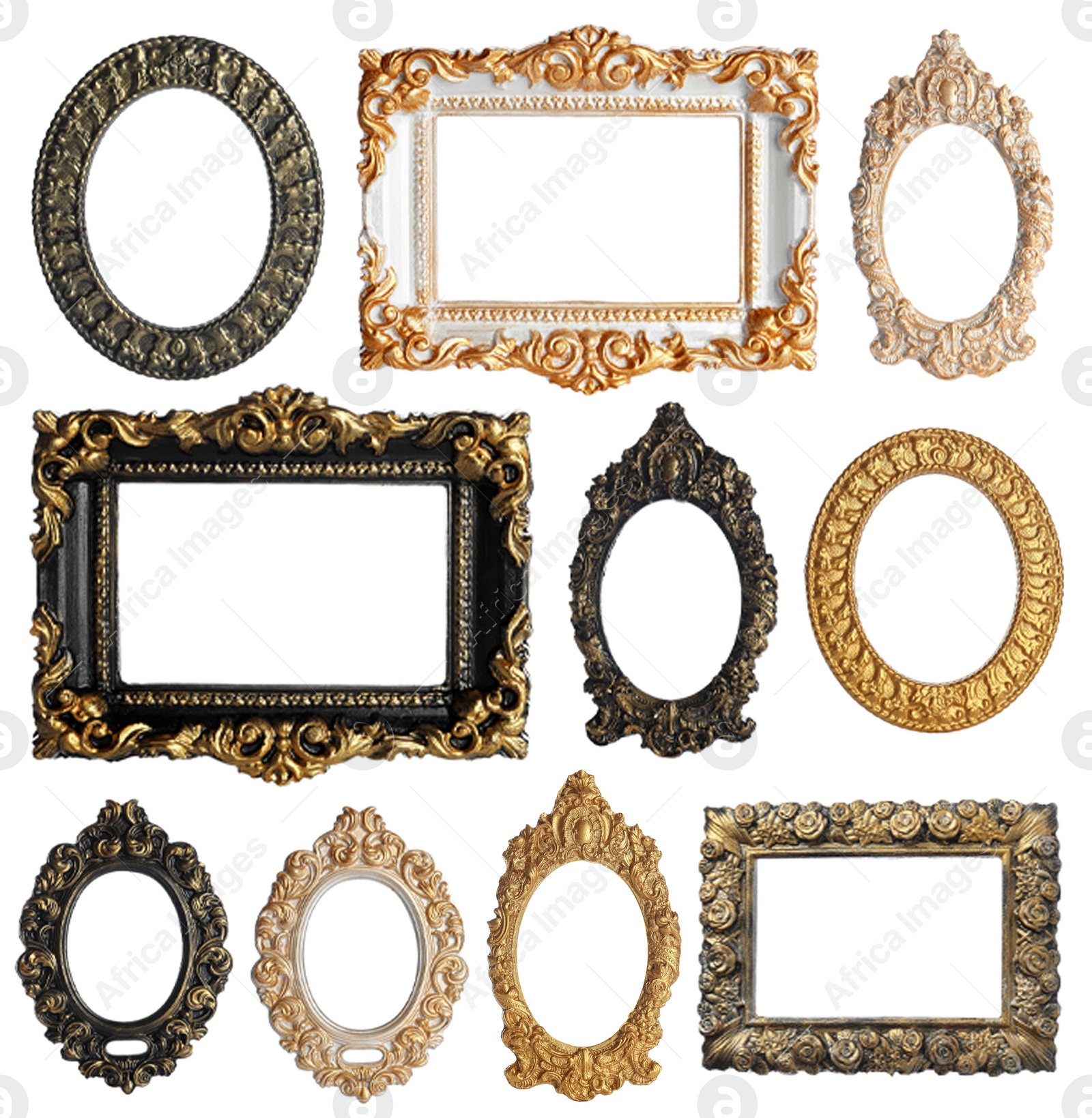 Image of Set of different old fashioned frames on white background