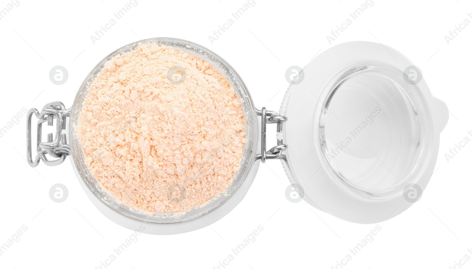 Photo of Glass jar of lentil flour isolated on white, top view