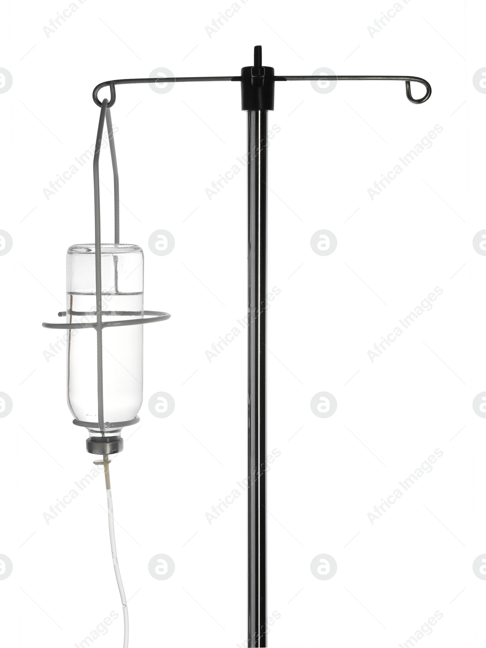 Photo of IV infusion set on pole against white background