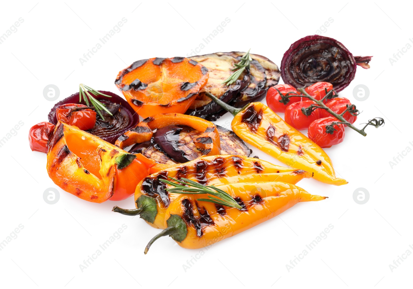 Photo of Different delicious grilled vegetables isolated on white