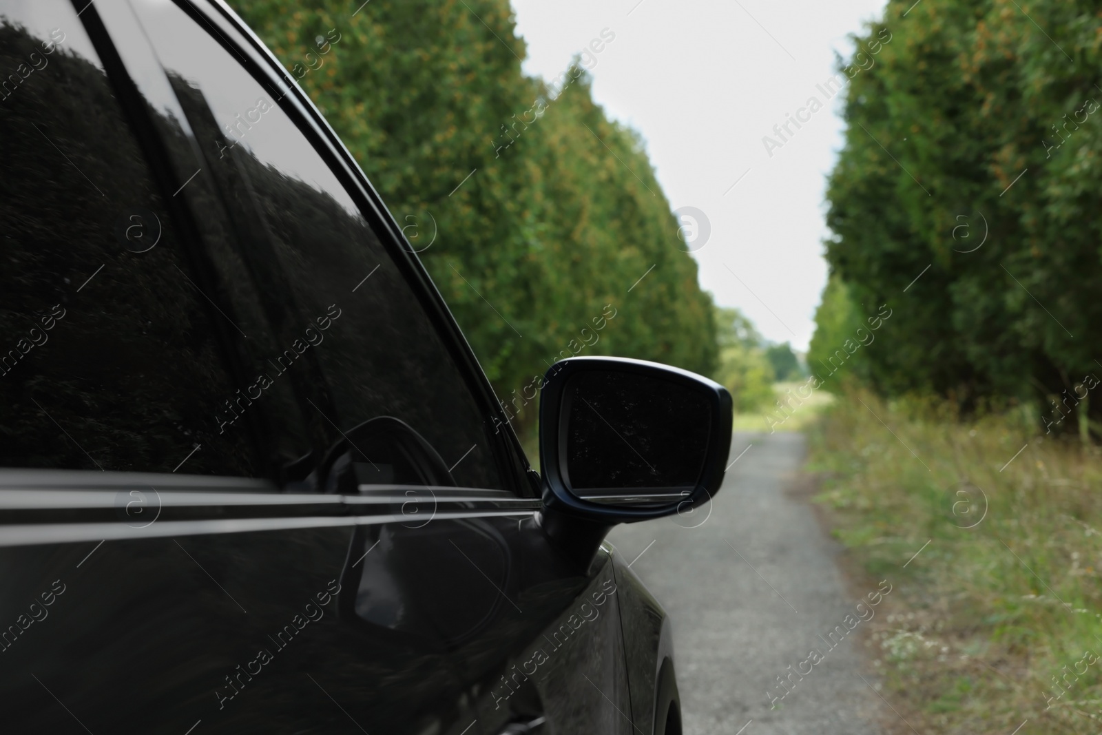 Photo of New black modern car outdoors, closeup of side rear view mirror