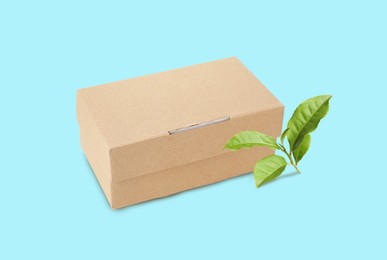 Image of Cardboard box and green leaves on cyan background. Eco friendly lifestyle