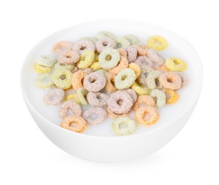 Photo of Tasty colorful cereal rings and milk in bowl isolated on white