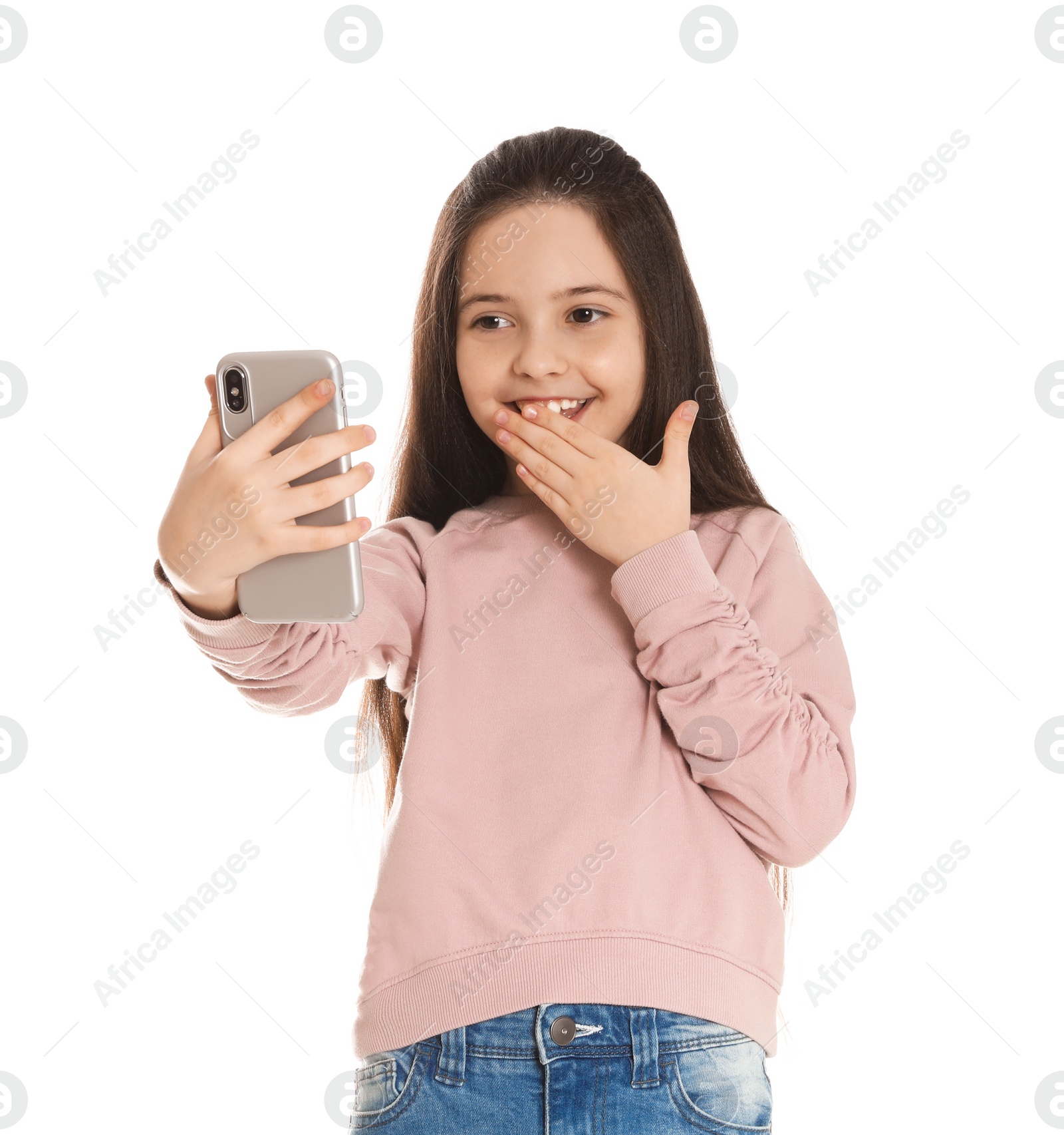 Photo of Little girl using video chat on smartphone against white background