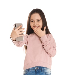Little girl using video chat on smartphone against white background
