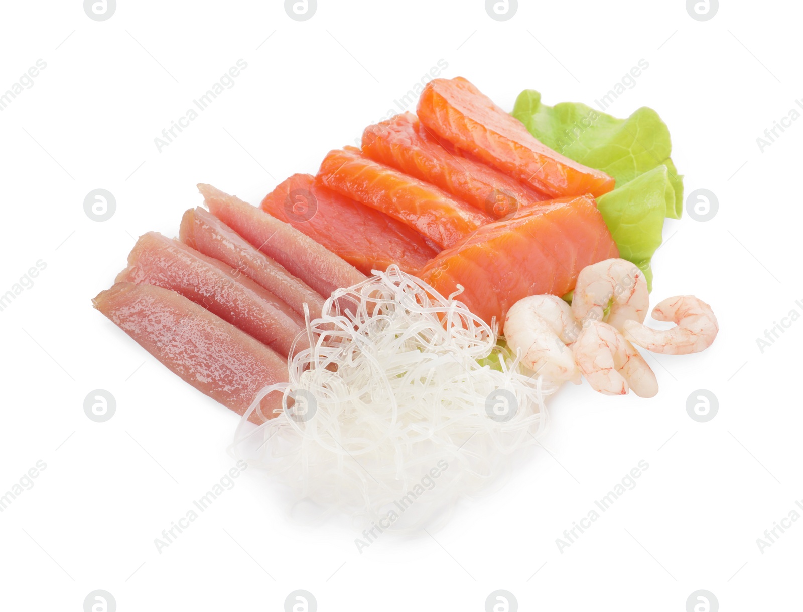 Photo of Delicious sashimi set of salmon, shrimps and tuna served with funchosa and lettuce isolated on white