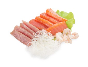 Photo of Delicious sashimi set of salmon, shrimps and tuna served with funchosa and lettuce isolated on white