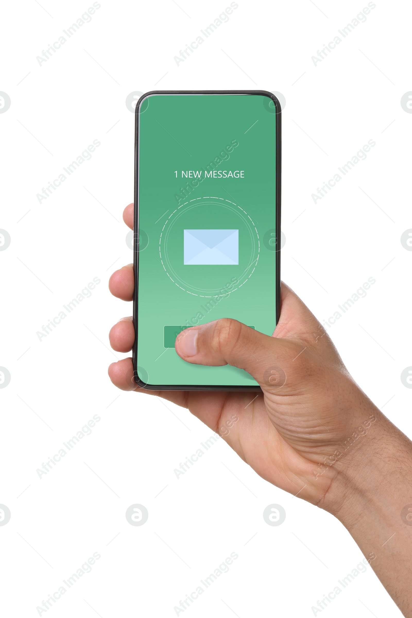 Image of Man checking new message on mobile phone against white background, closeup