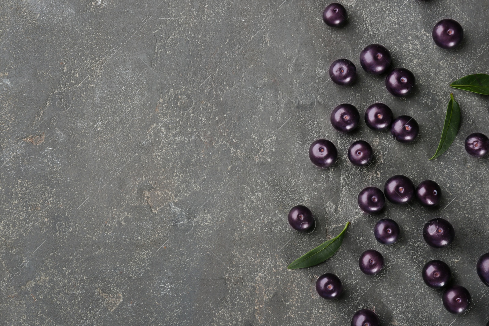 Photo of Fresh acai berries and green leaves on grey table, flat lay. Space for text