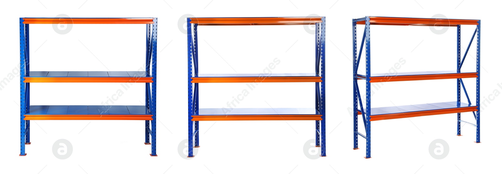 Image of Set with empty shelving units on white background, banner design 