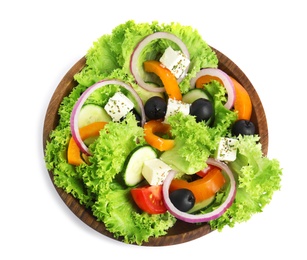 Tasty fresh Greek salad on white background, top view