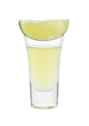 Photo of Shooter in shot glass and lime wedge isolated on white. Alcohol drink