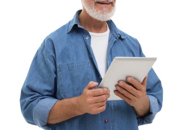 Photo of Man with tablet on white background, closeup