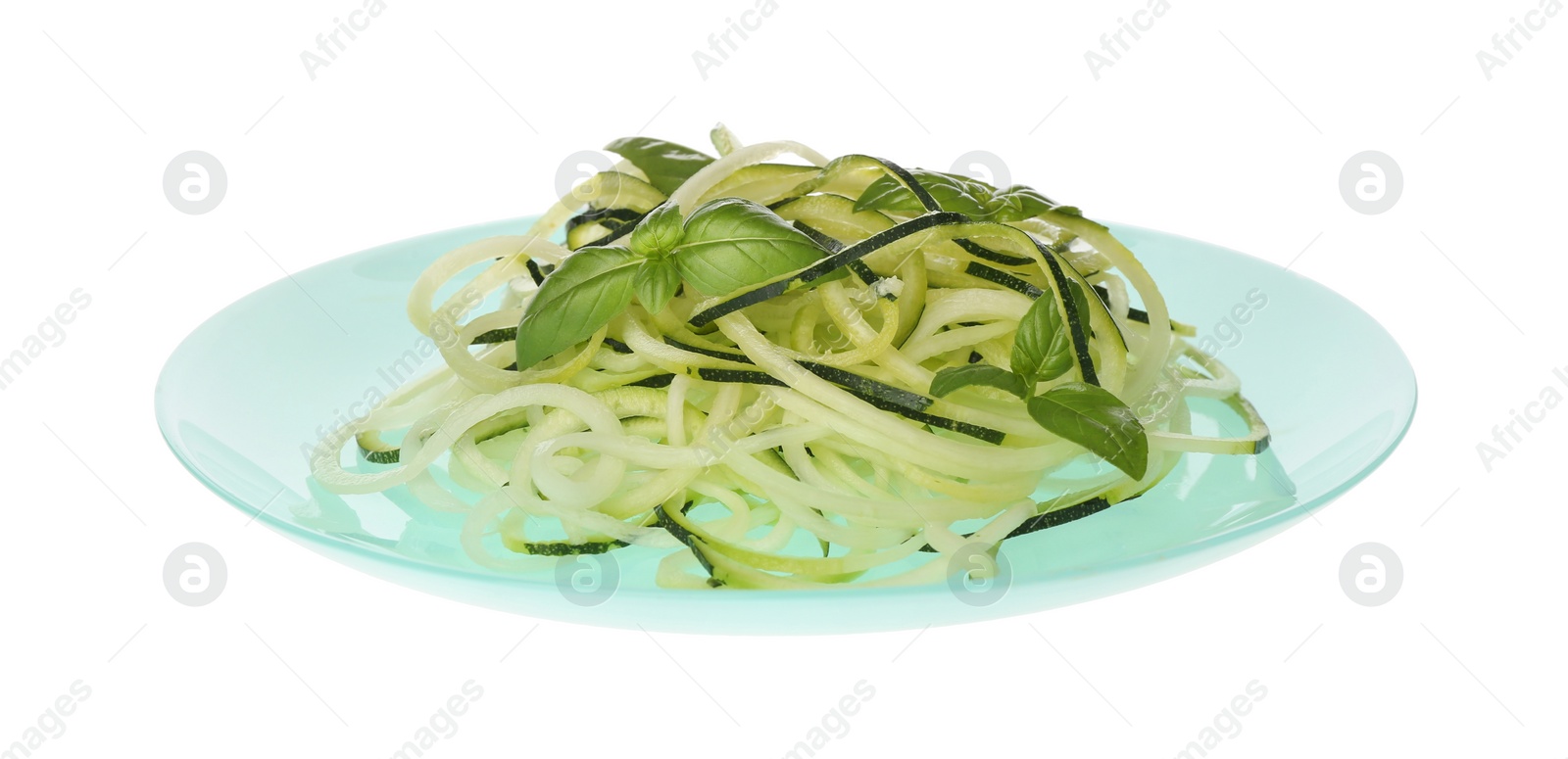 Photo of Tasty zucchini pasta with basil isolated on white