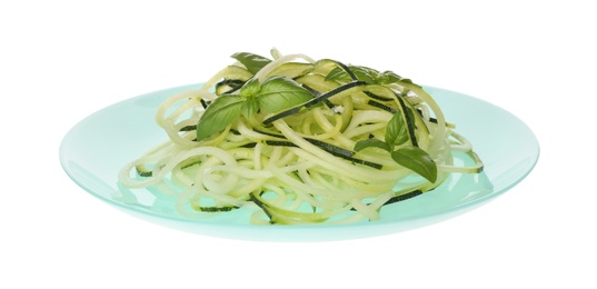 Tasty zucchini pasta with basil isolated on white