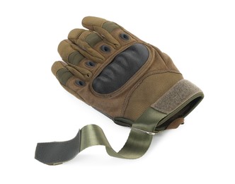 Photo of Tactical glove isolated on white. Military training equipment