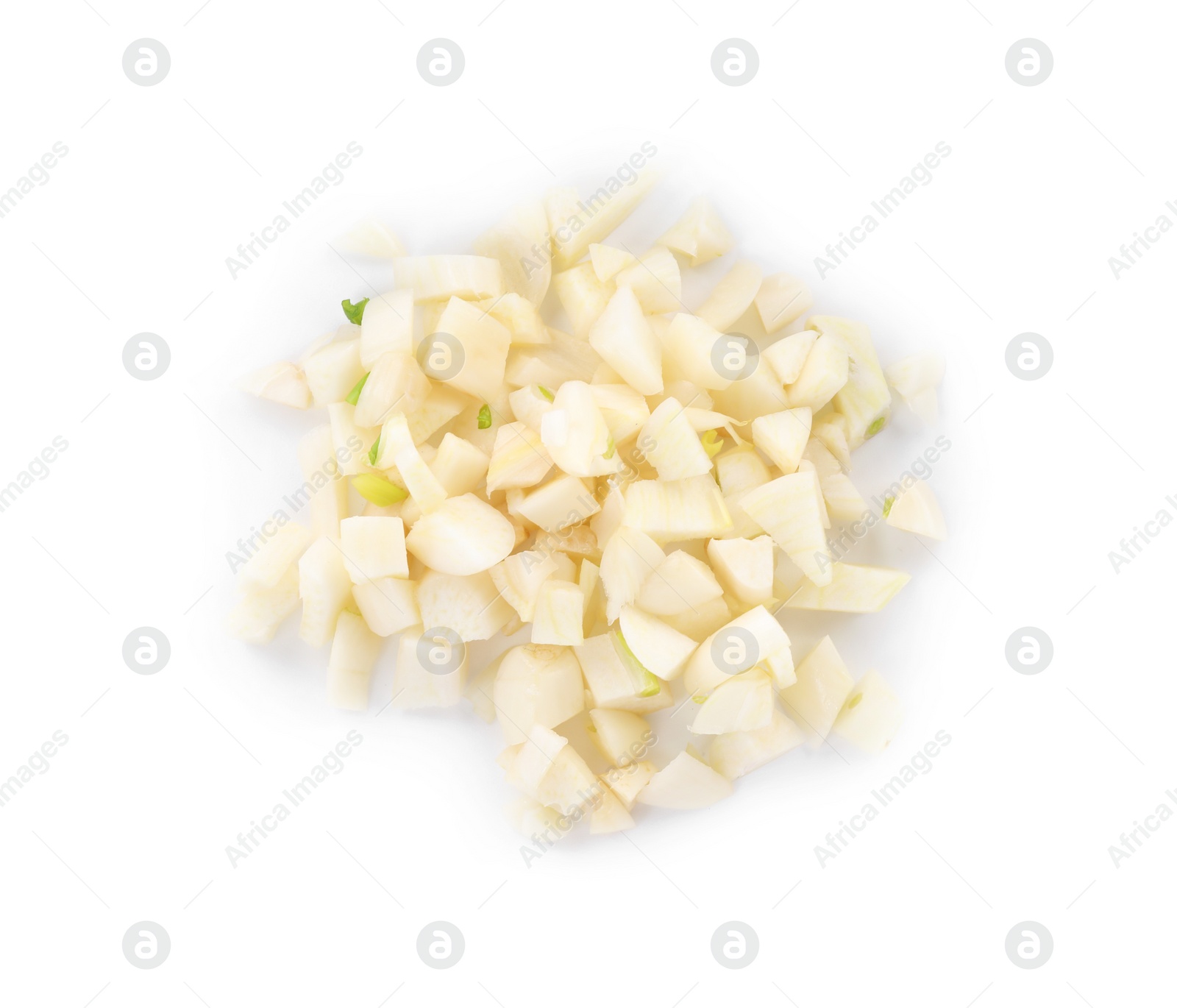 Photo of Pieces of fresh garlic isolated on white, top view